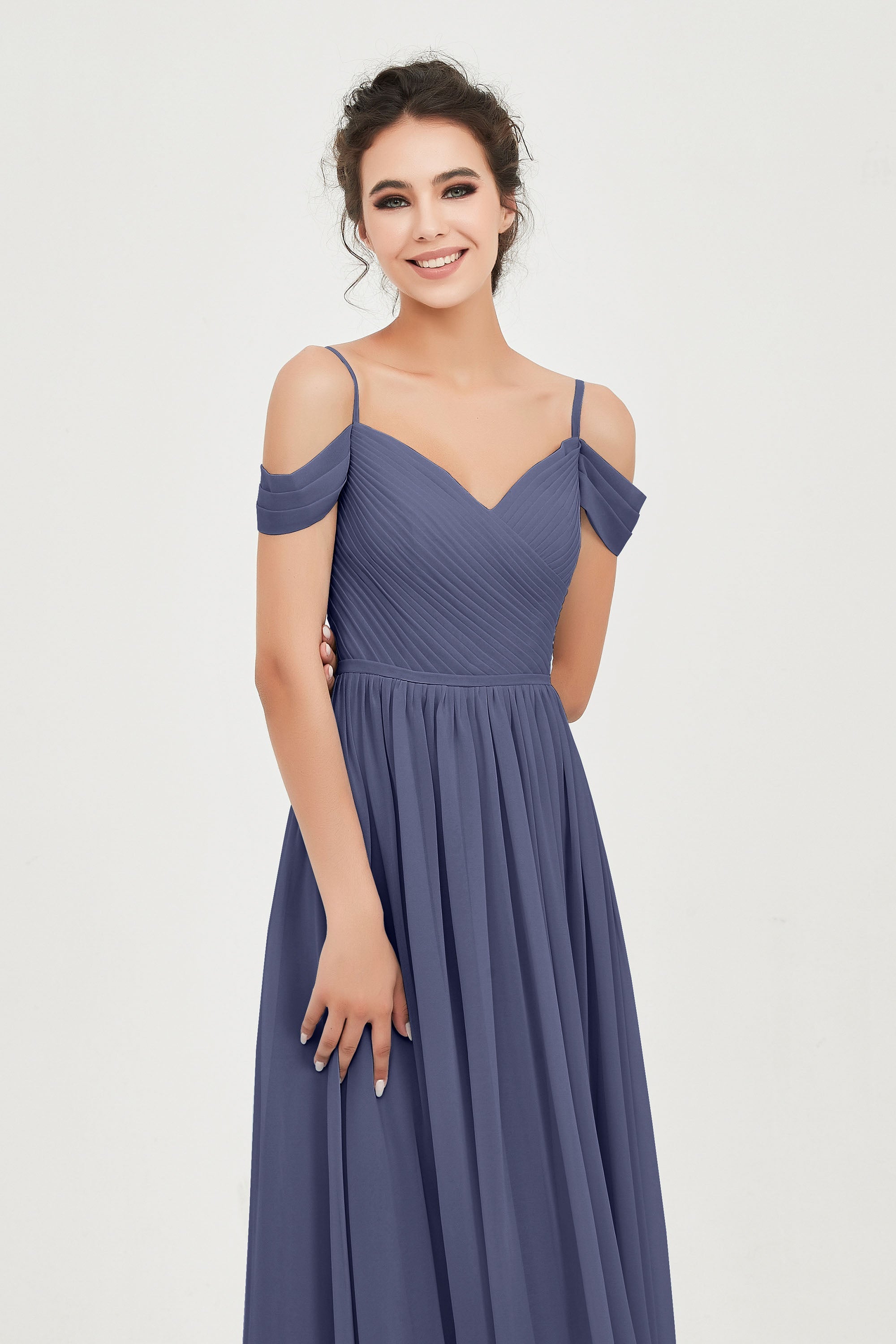 Spaghetti Straps Chiffon Pleated Ruched Bridesmaid Dress Long Formal Evening Dresses Gowns
