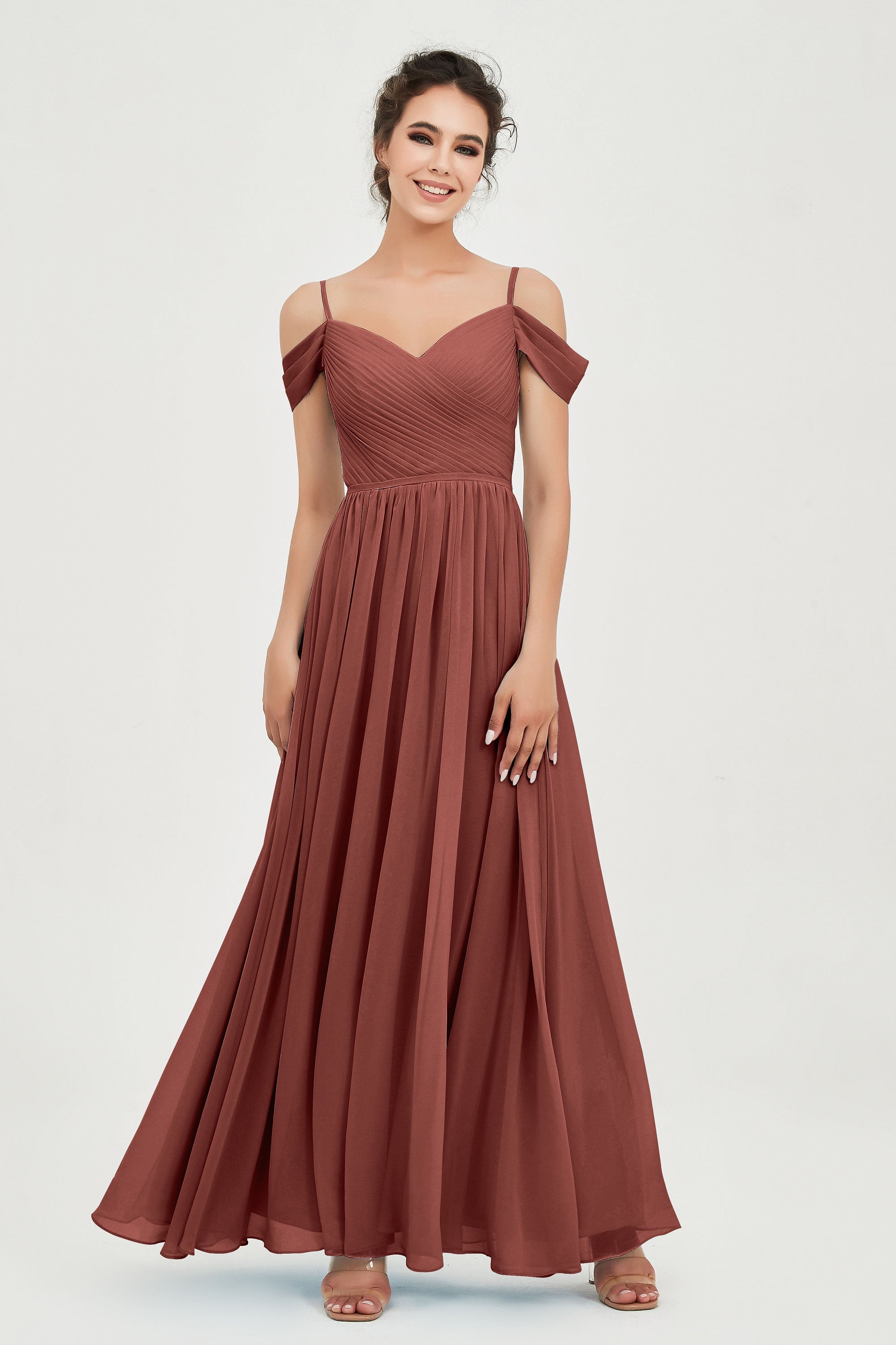 Spaghetti Straps Chiffon Pleated Ruched Bridesmaid Dress Long Formal Evening Dresses Gowns