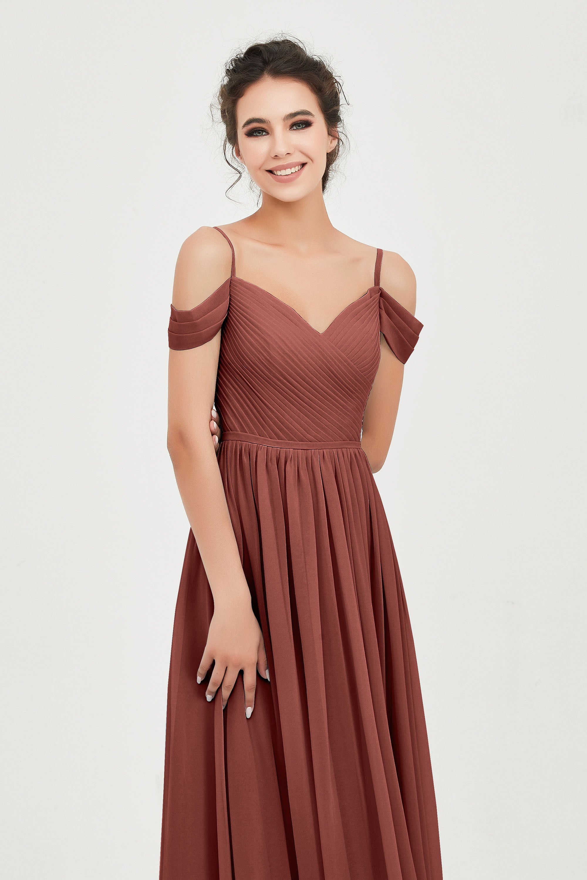 Spaghetti Straps Chiffon Pleated Ruched Bridesmaid Dress Long Formal Evening Dresses Gowns
