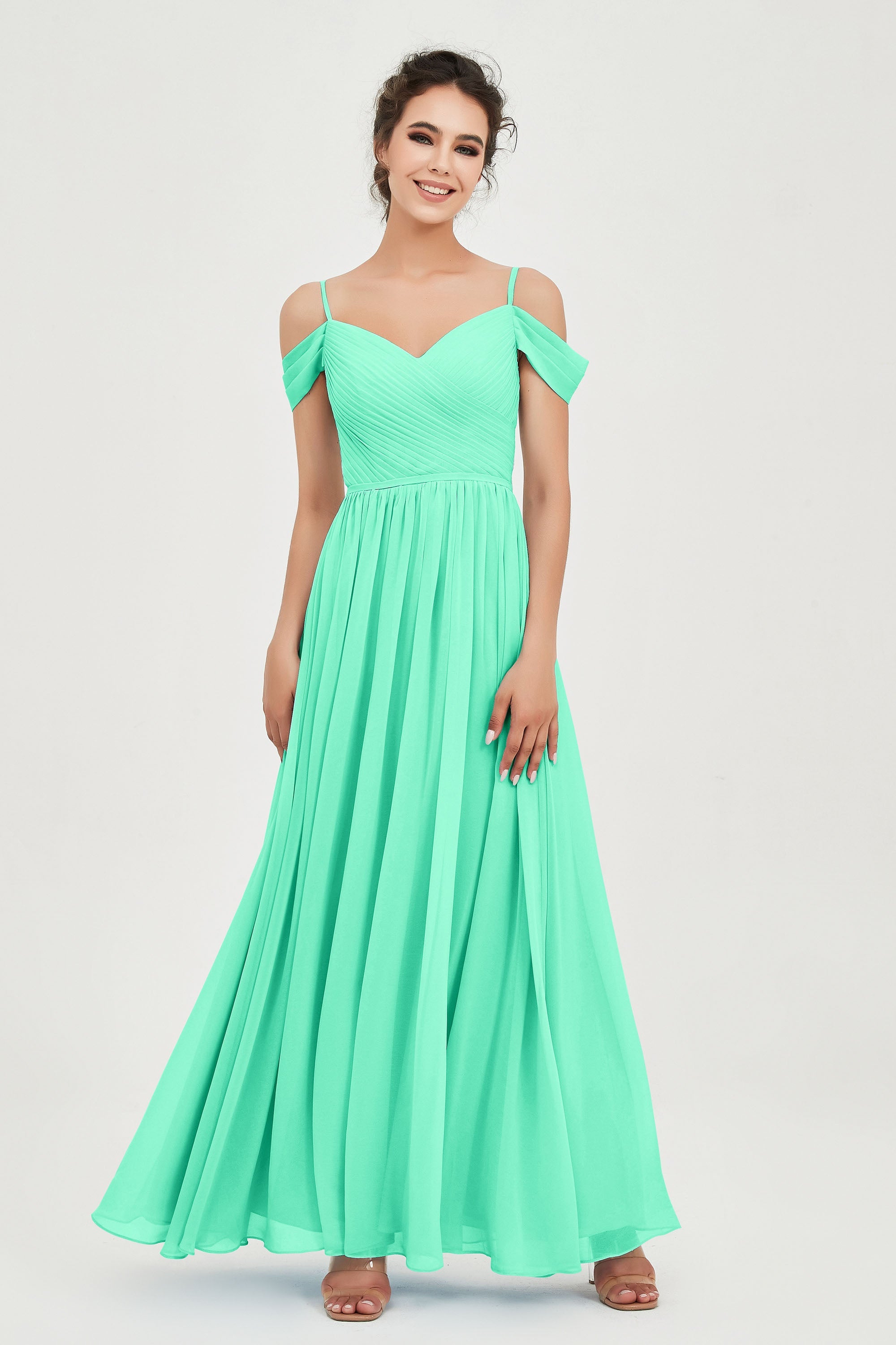 Spaghetti Straps Chiffon Pleated Ruched Bridesmaid Dress Long Formal Evening Dresses Gowns