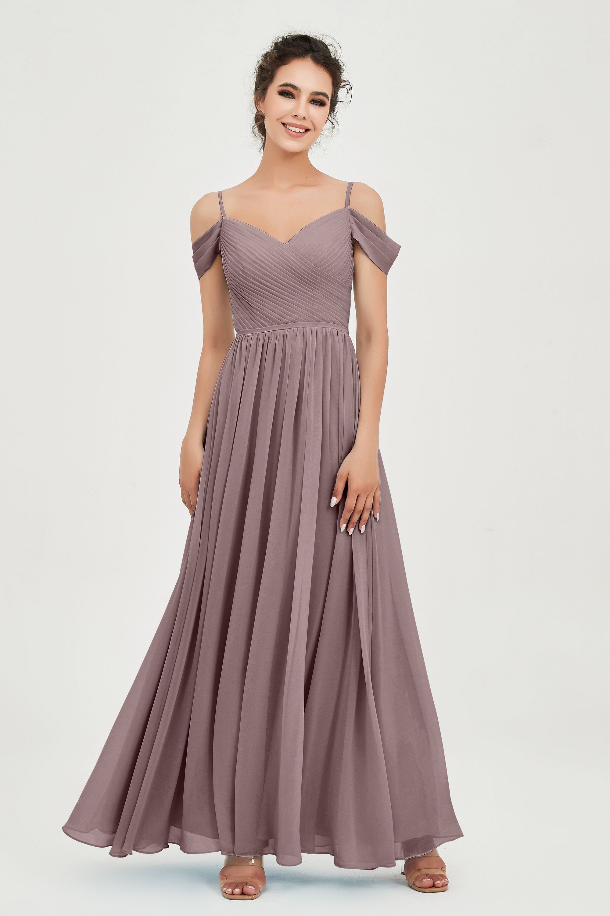 Spaghetti Straps Chiffon Pleated Ruched Bridesmaid Dress Long Formal Evening Dresses Gowns