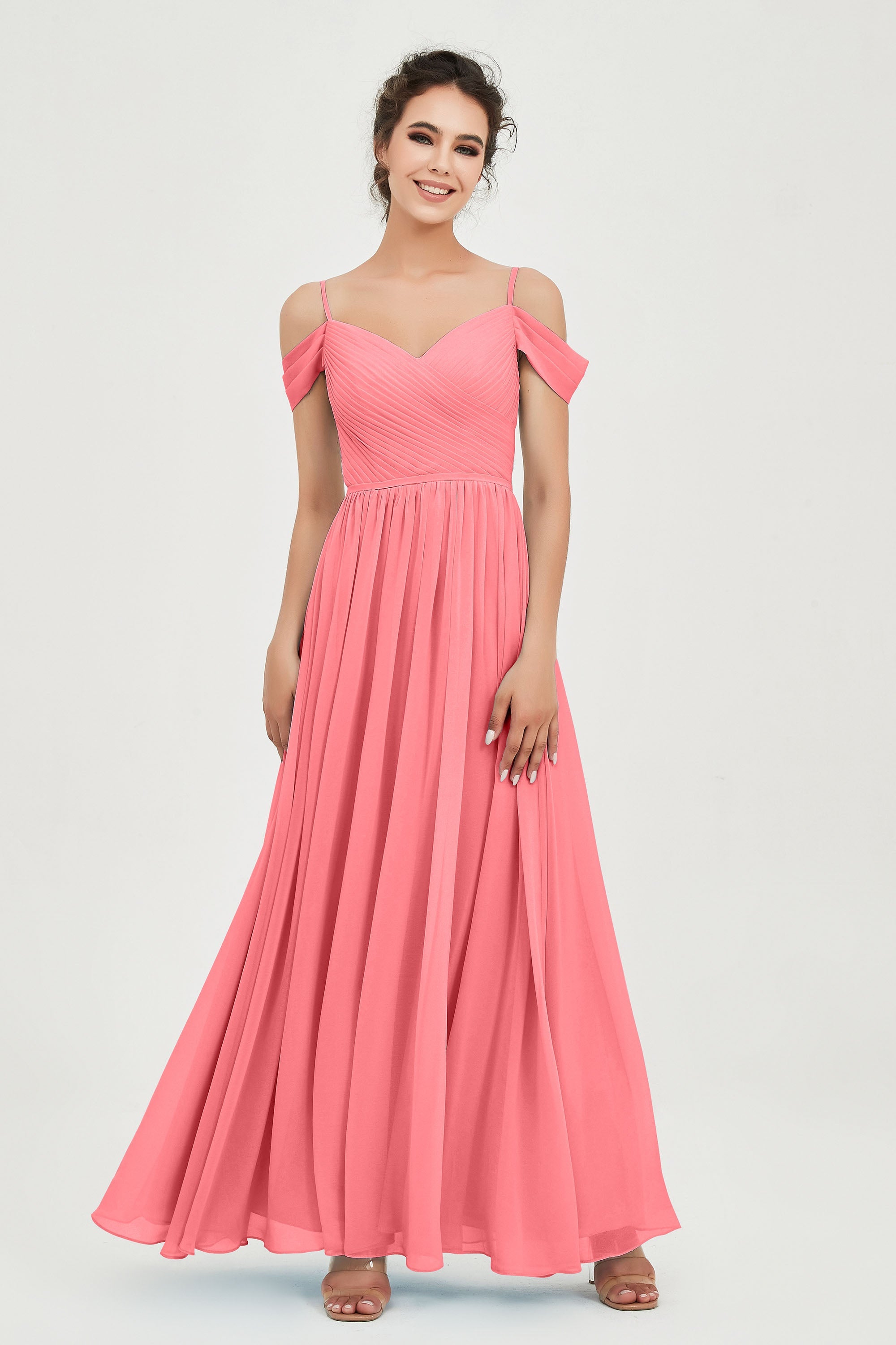 Spaghetti Straps Chiffon Pleated Ruched Bridesmaid Dress Long Formal Evening Dresses Gowns