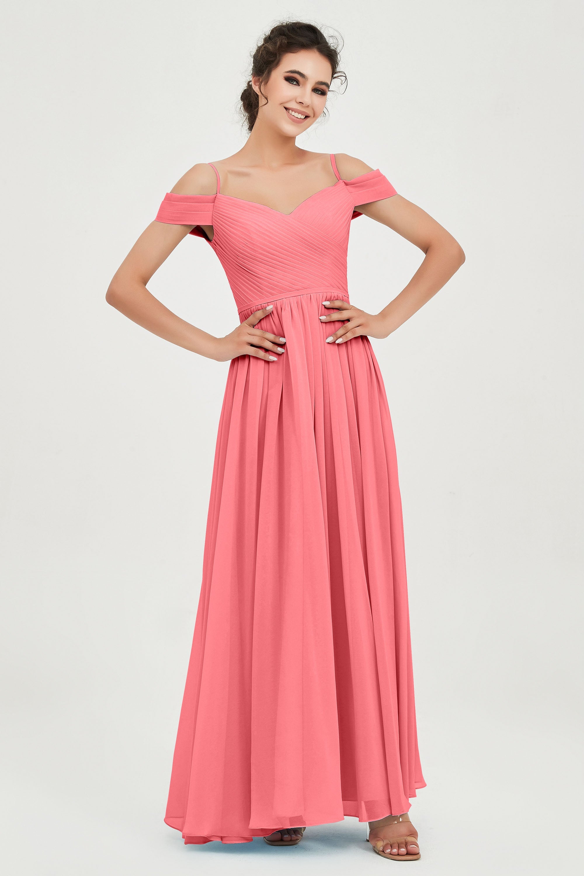 Spaghetti Straps Chiffon Pleated Ruched Bridesmaid Dress Long Formal Evening Dresses Gowns