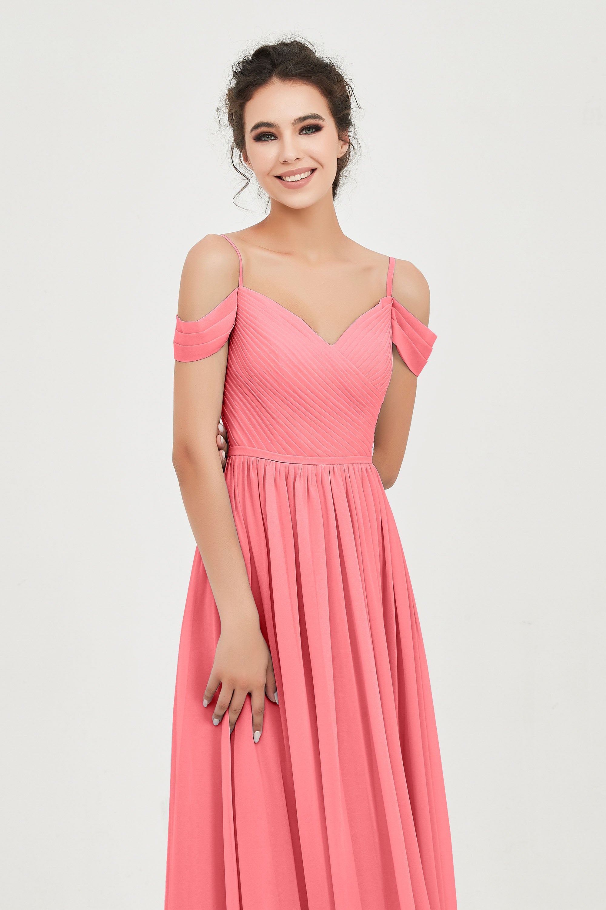 Spaghetti Straps Chiffon Pleated Ruched Bridesmaid Dress Long Formal Evening Dresses Gowns