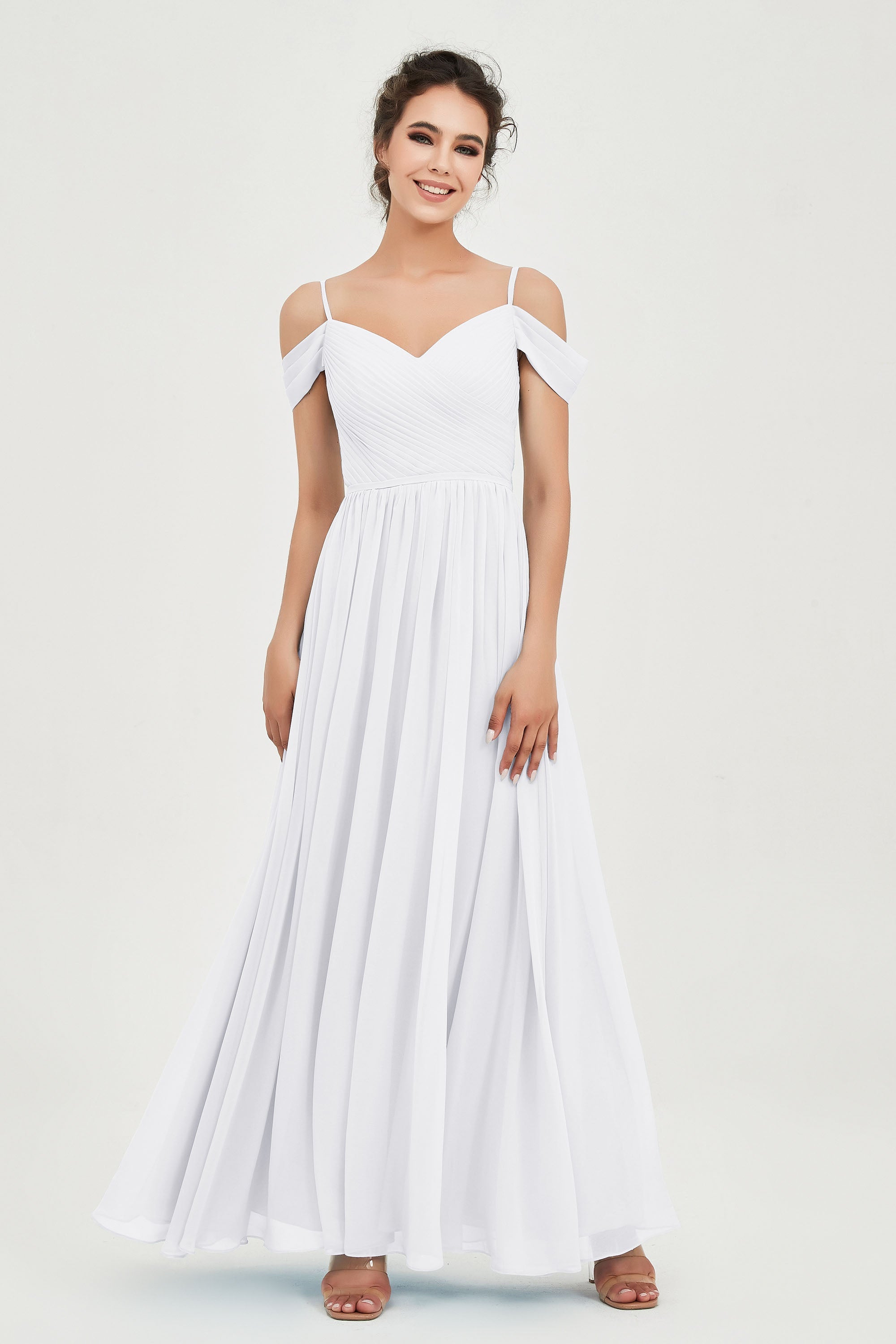 Spaghetti Straps Chiffon Pleated Ruched Bridesmaid Dress Long Formal Evening Dresses Gowns