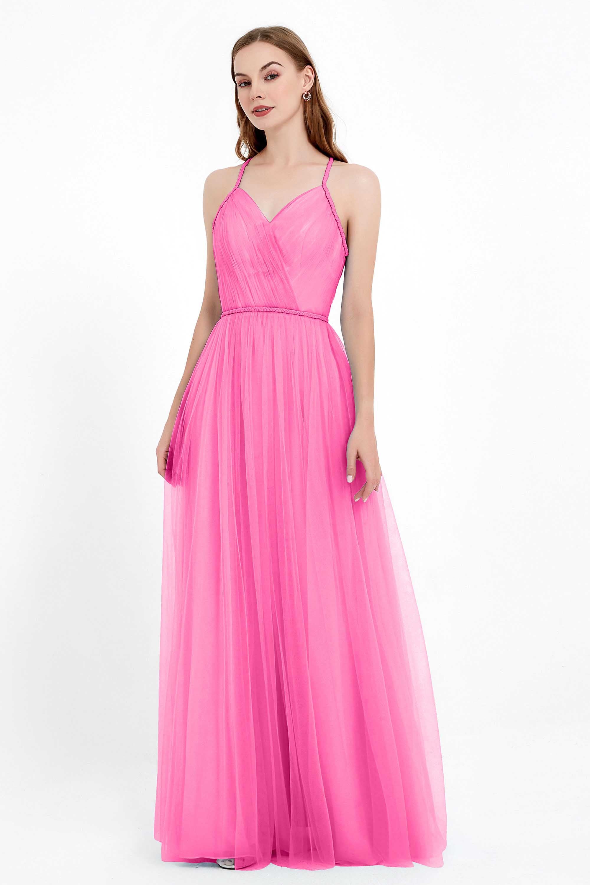 V Neck Tulle Spaghetti Straps Bridesmaid Dress Long Formal Evening Prom Dresses Gowns