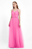 V Neck Tulle Spaghetti Straps Bridesmaid Dress Long Formal Evening Prom Dresses Gowns