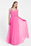V Neck Tulle Spaghetti Straps Bridesmaid Dress Long Formal Evening Prom Dresses Gowns