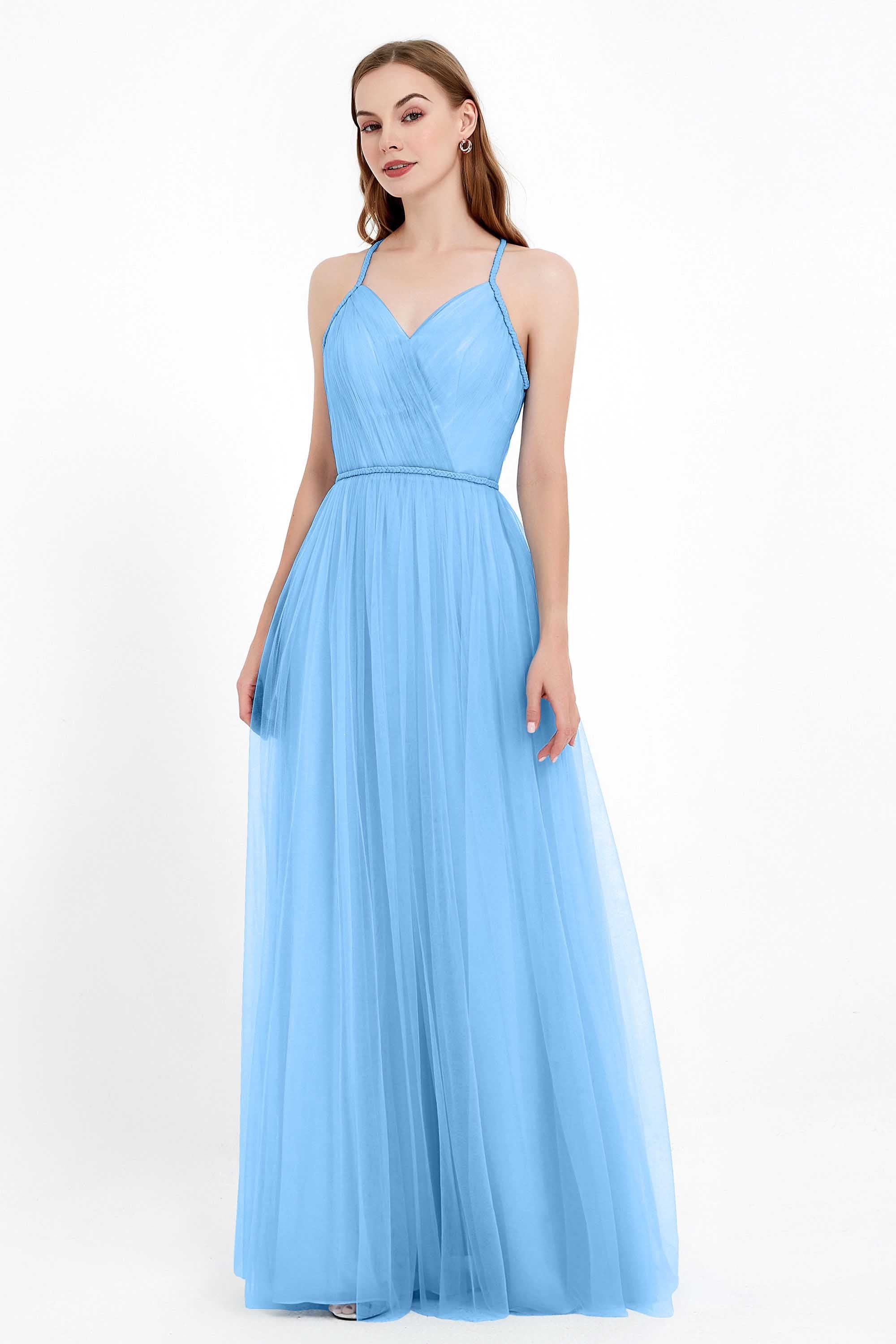 V Neck Tulle Spaghetti Straps Bridesmaid Dress Long Formal Evening Prom Dresses Gowns