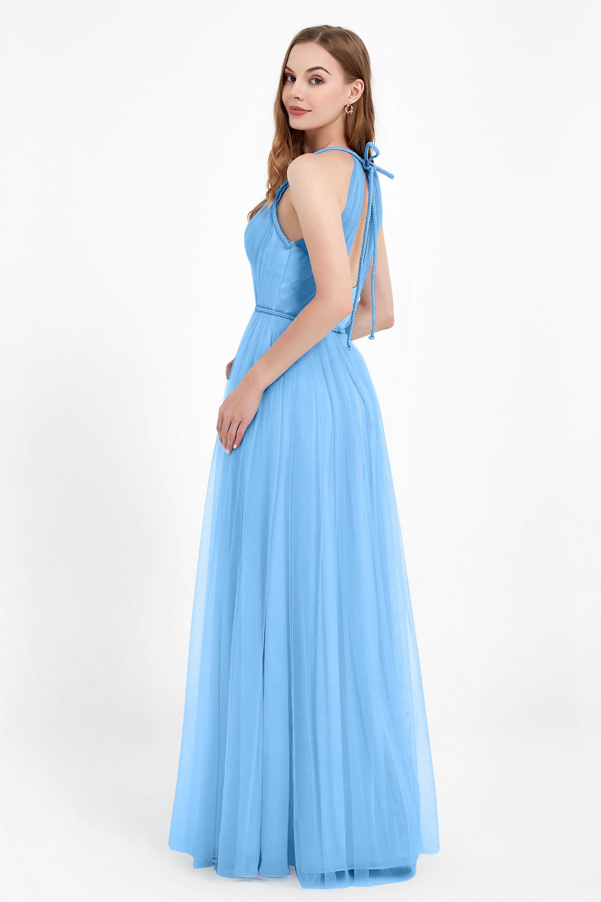 V Neck Tulle Spaghetti Straps Bridesmaid Dress Long Formal Evening Prom Dresses Gowns