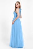 V Neck Tulle Spaghetti Straps Bridesmaid Dress Long Formal Evening Prom Dresses Gowns