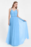 V Neck Tulle Spaghetti Straps Bridesmaid Dress Long Formal Evening Prom Dresses Gowns