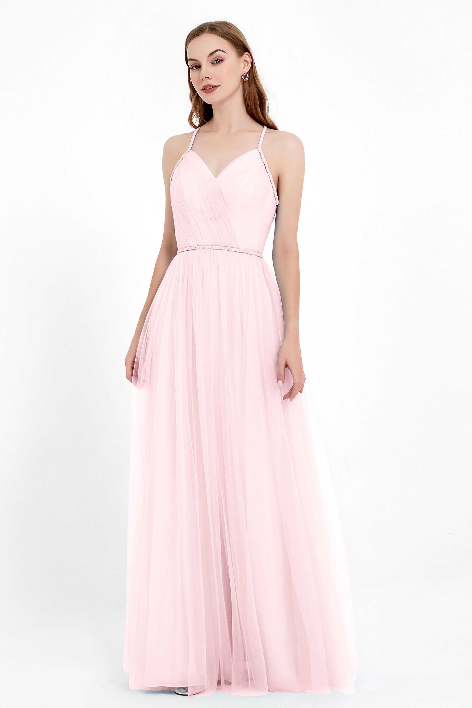 V Neck Tulle Spaghetti Straps Bridesmaid Dress Long Formal Evening Prom Dresses Gowns