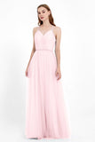 V Neck Tulle Spaghetti Straps Bridesmaid Dress Long Formal Evening Prom Dresses Gowns