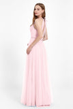 V Neck Tulle Spaghetti Straps Bridesmaid Dress Long Formal Evening Prom Dresses Gowns