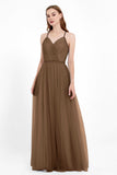 V Neck Tulle Spaghetti Straps Bridesmaid Dress Long Formal Evening Prom Dresses Gowns