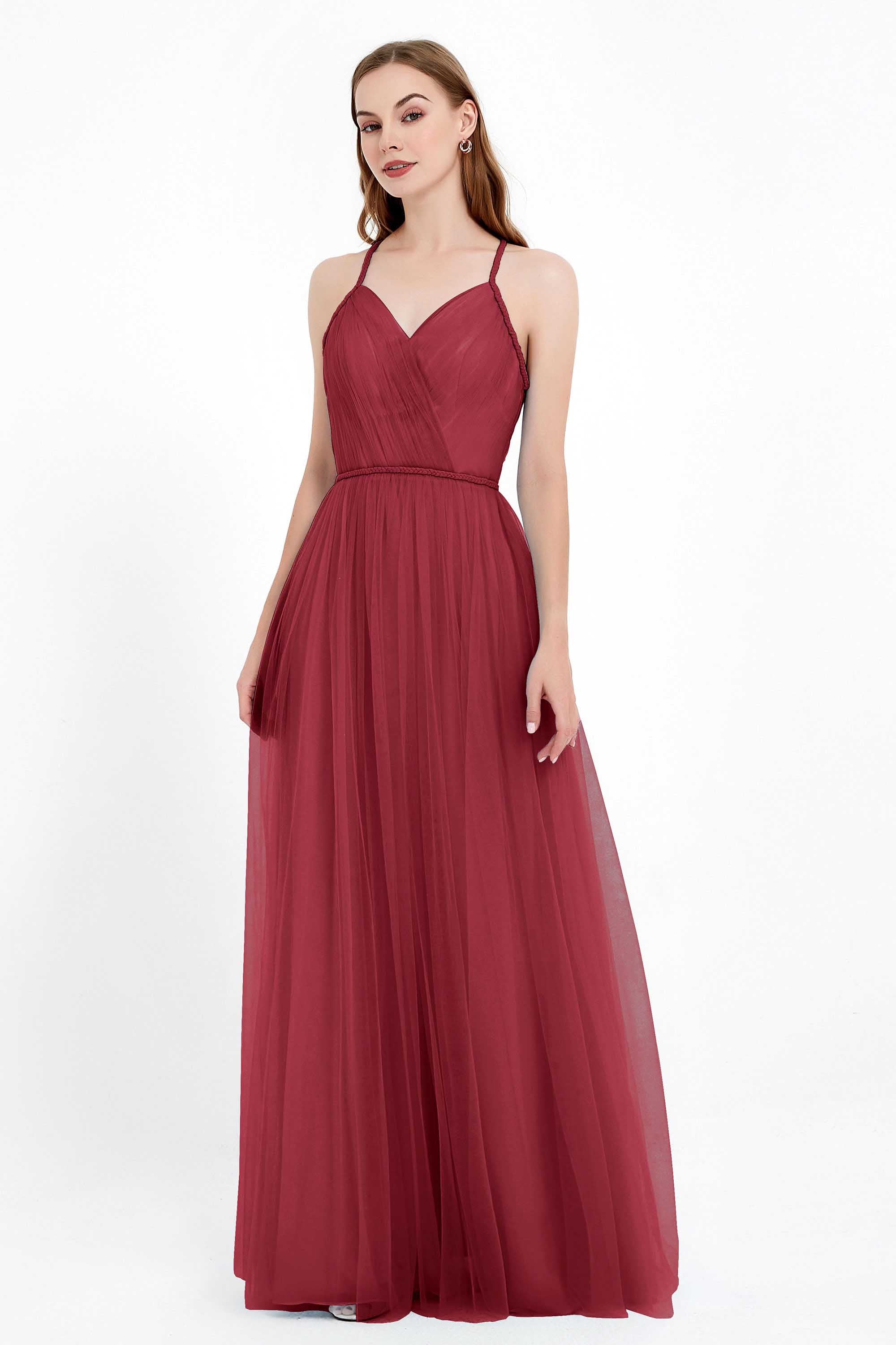 V Neck Tulle Spaghetti Straps Bridesmaid Dress Long Formal Evening Prom Dresses Gowns