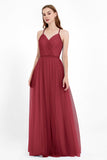 V Neck Tulle Spaghetti Straps Bridesmaid Dress Long Formal Evening Prom Dresses Gowns