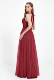 V Neck Tulle Spaghetti Straps Bridesmaid Dress Long Formal Evening Prom Dresses Gowns