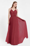 V Neck Tulle Spaghetti Straps Bridesmaid Dress Long Formal Evening Prom Dresses Gowns