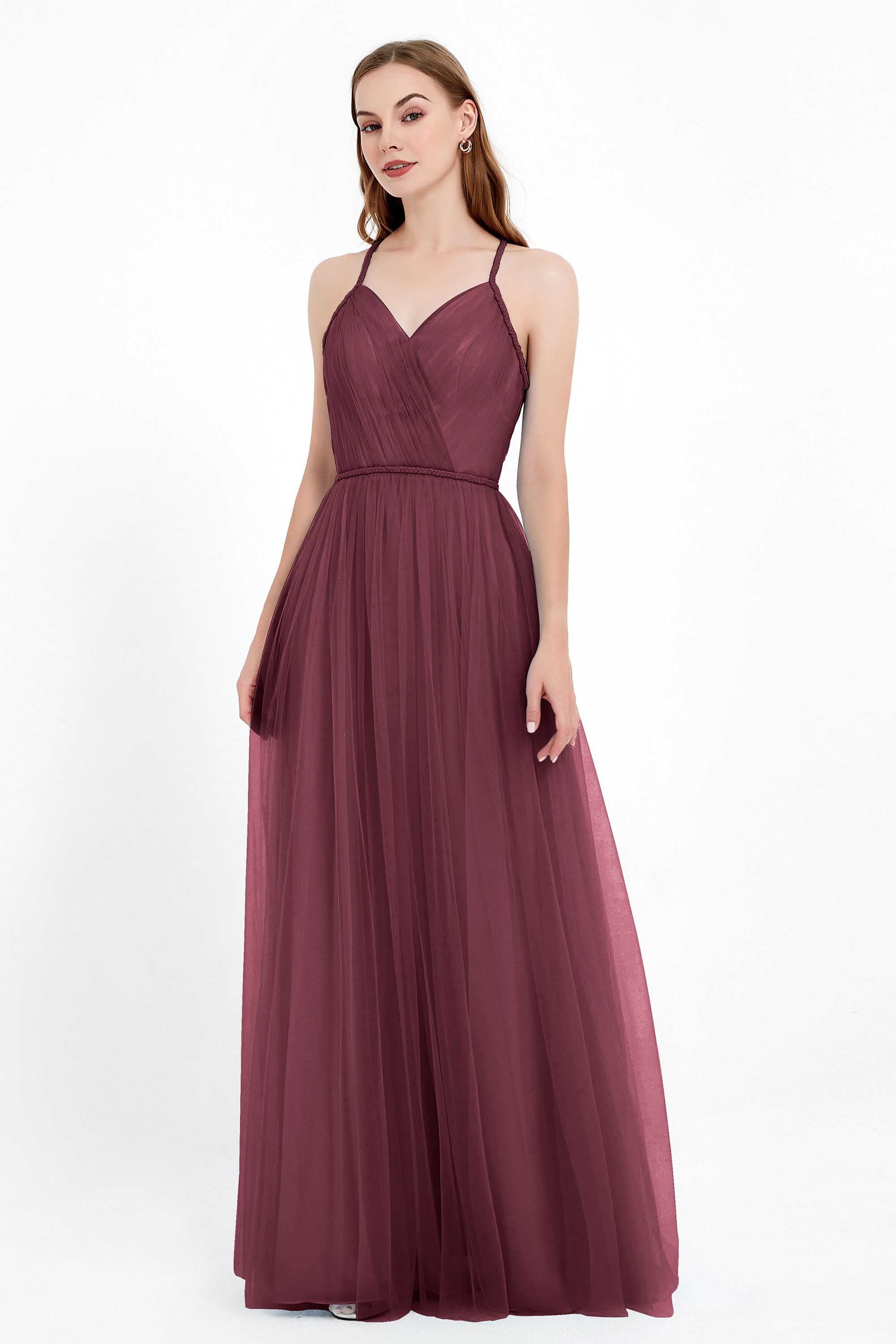 V Neck Tulle Spaghetti Straps Bridesmaid Dress Long Formal Evening Prom Dresses Gowns