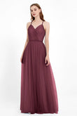 V Neck Tulle Spaghetti Straps Bridesmaid Dress Long Formal Evening Prom Dresses Gowns