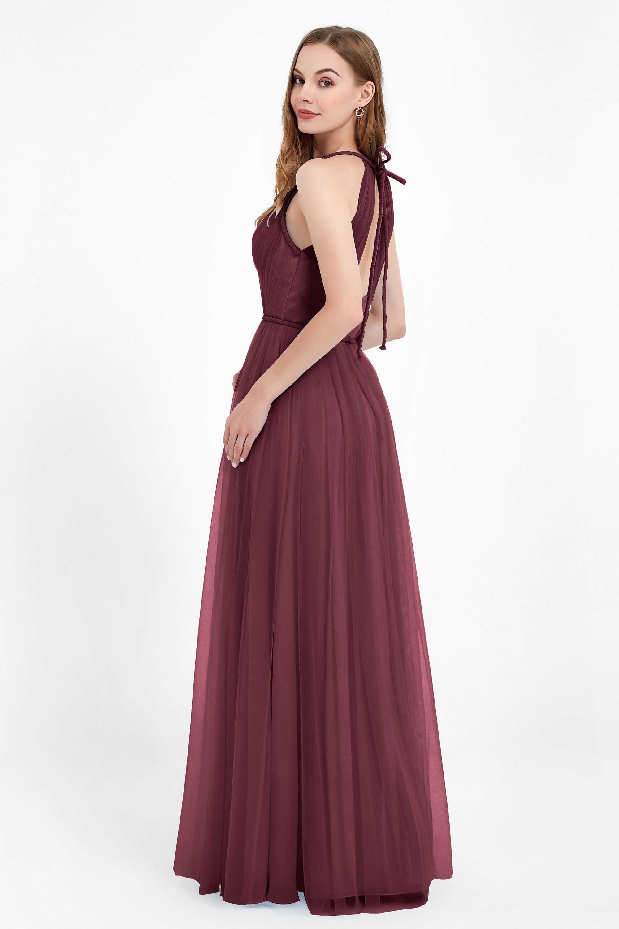 V Neck Tulle Spaghetti Straps Bridesmaid Dress Long Formal Evening Prom Dresses Gowns