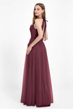 V Neck Tulle Spaghetti Straps Bridesmaid Dress Long Formal Evening Prom Dresses Gowns