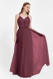 V Neck Tulle Spaghetti Straps Bridesmaid Dress Long Formal Evening Prom Dresses Gowns