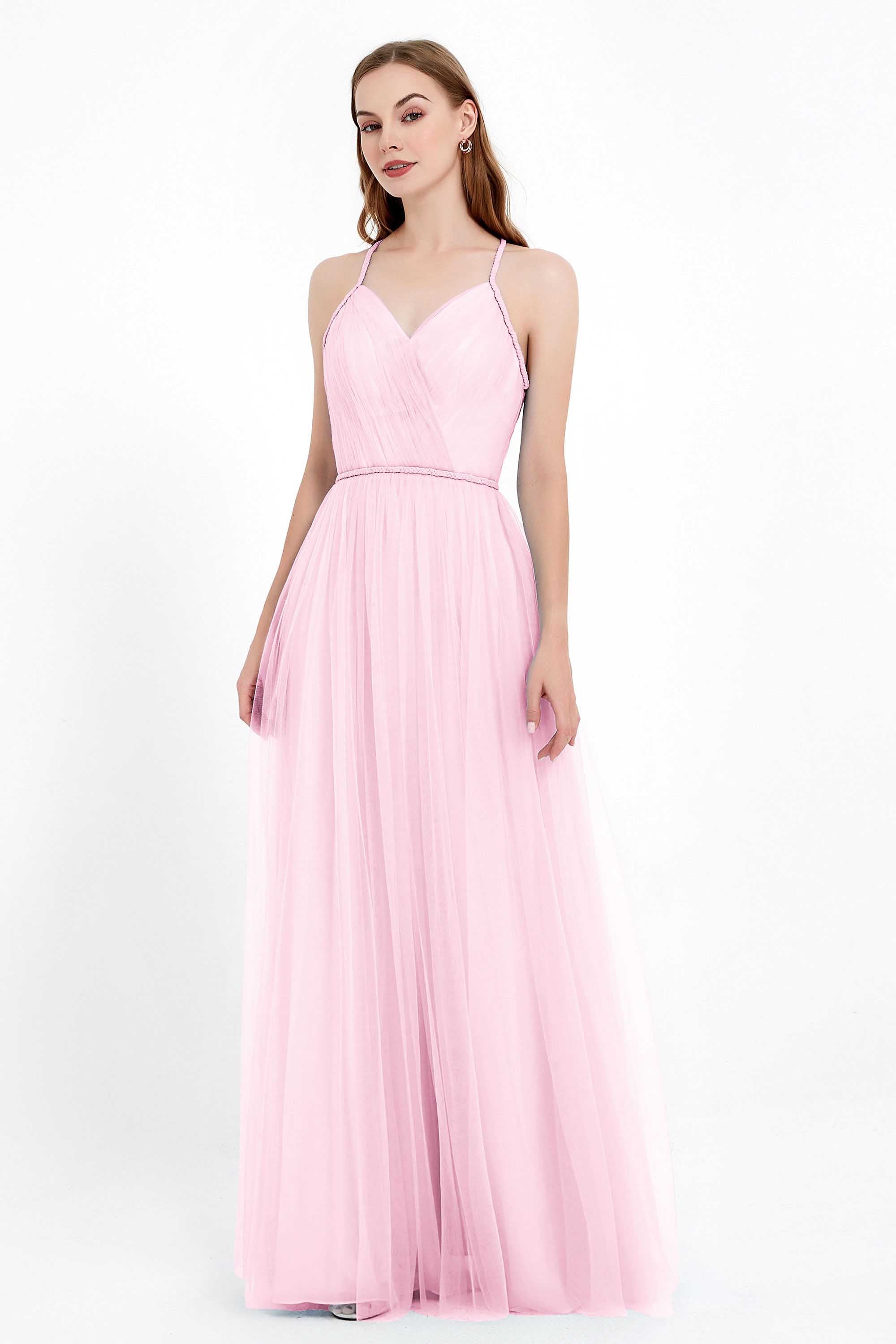 V Neck Tulle Spaghetti Straps Bridesmaid Dress Long Formal Evening Prom Dresses Gowns
