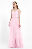 V Neck Tulle Spaghetti Straps Bridesmaid Dress Long Formal Evening Prom Dresses Gowns