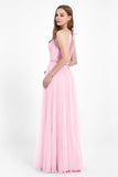 V Neck Tulle Spaghetti Straps Bridesmaid Dress Long Formal Evening Prom Dresses Gowns