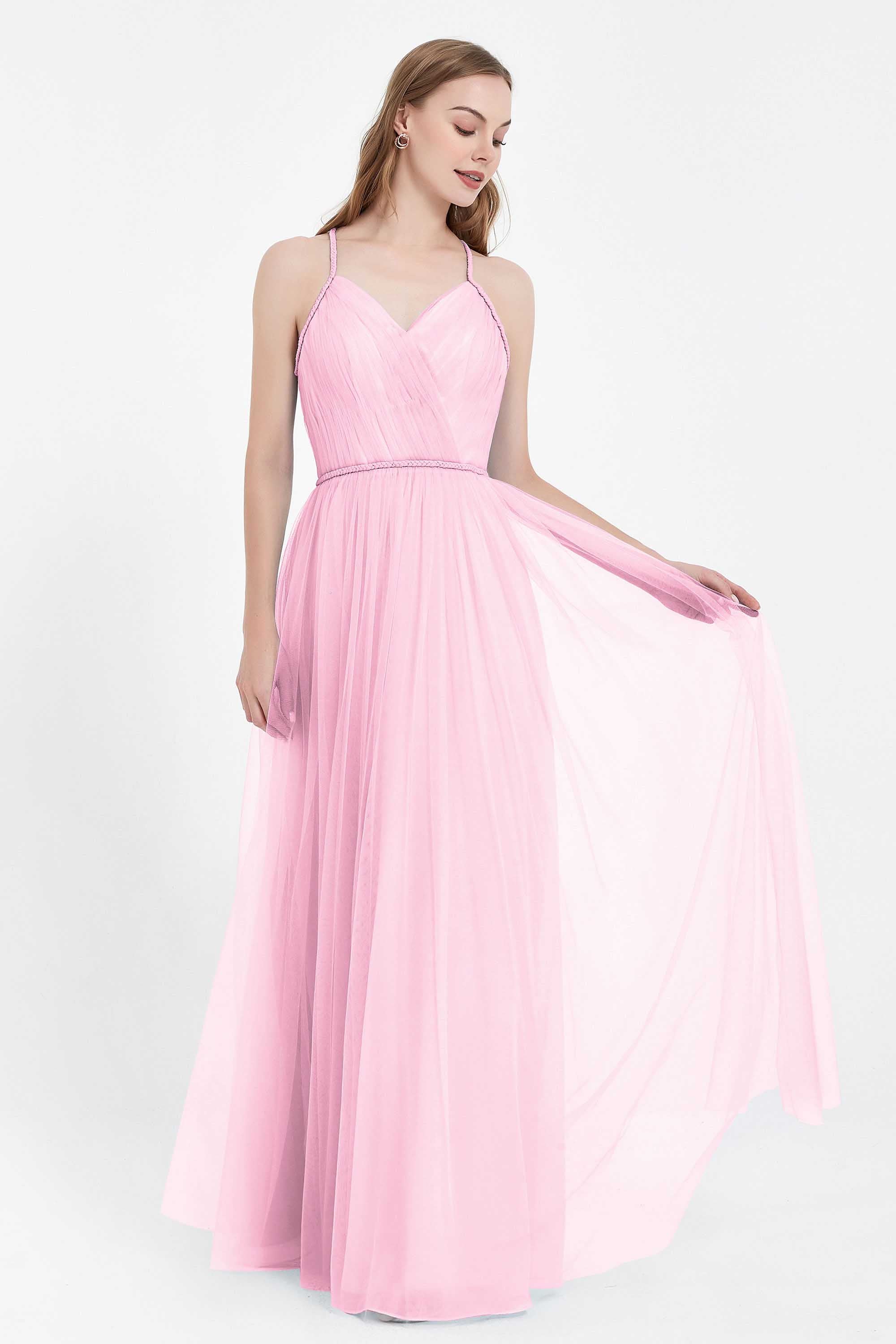 V Neck Tulle Spaghetti Straps Bridesmaid Dress Long Formal Evening Prom Dresses Gowns