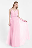 V Neck Tulle Spaghetti Straps Bridesmaid Dress Long Formal Evening Prom Dresses Gowns