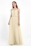 V Neck Tulle Spaghetti Straps Bridesmaid Dress Long Formal Evening Prom Dresses Gowns
