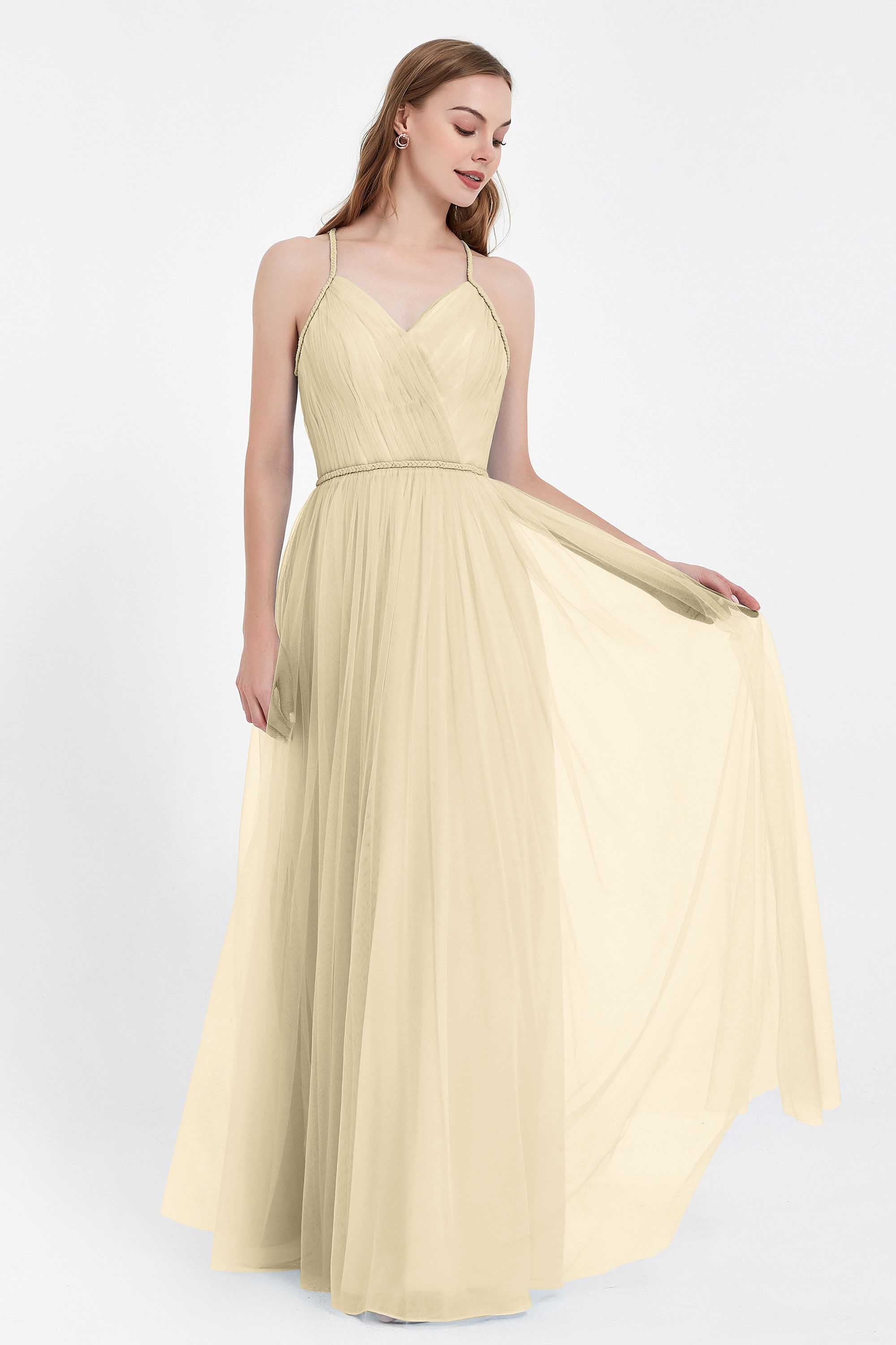 V Neck Tulle Spaghetti Straps Bridesmaid Dress Long Formal Evening Prom Dresses Gowns
