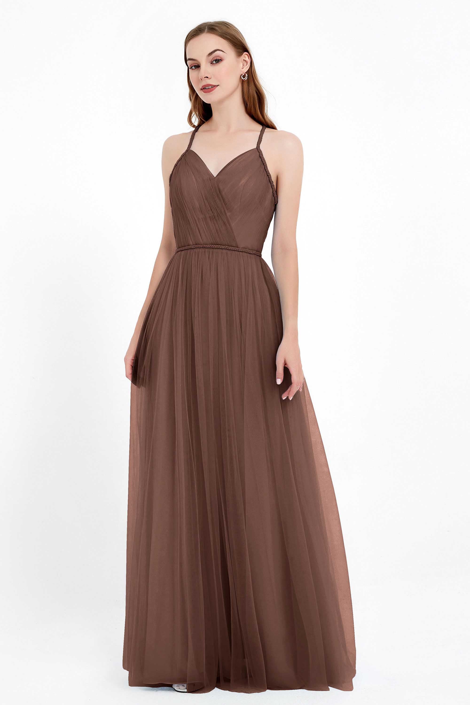 V Neck Tulle Spaghetti Straps Bridesmaid Dress Long Formal Evening Prom Dresses Gowns