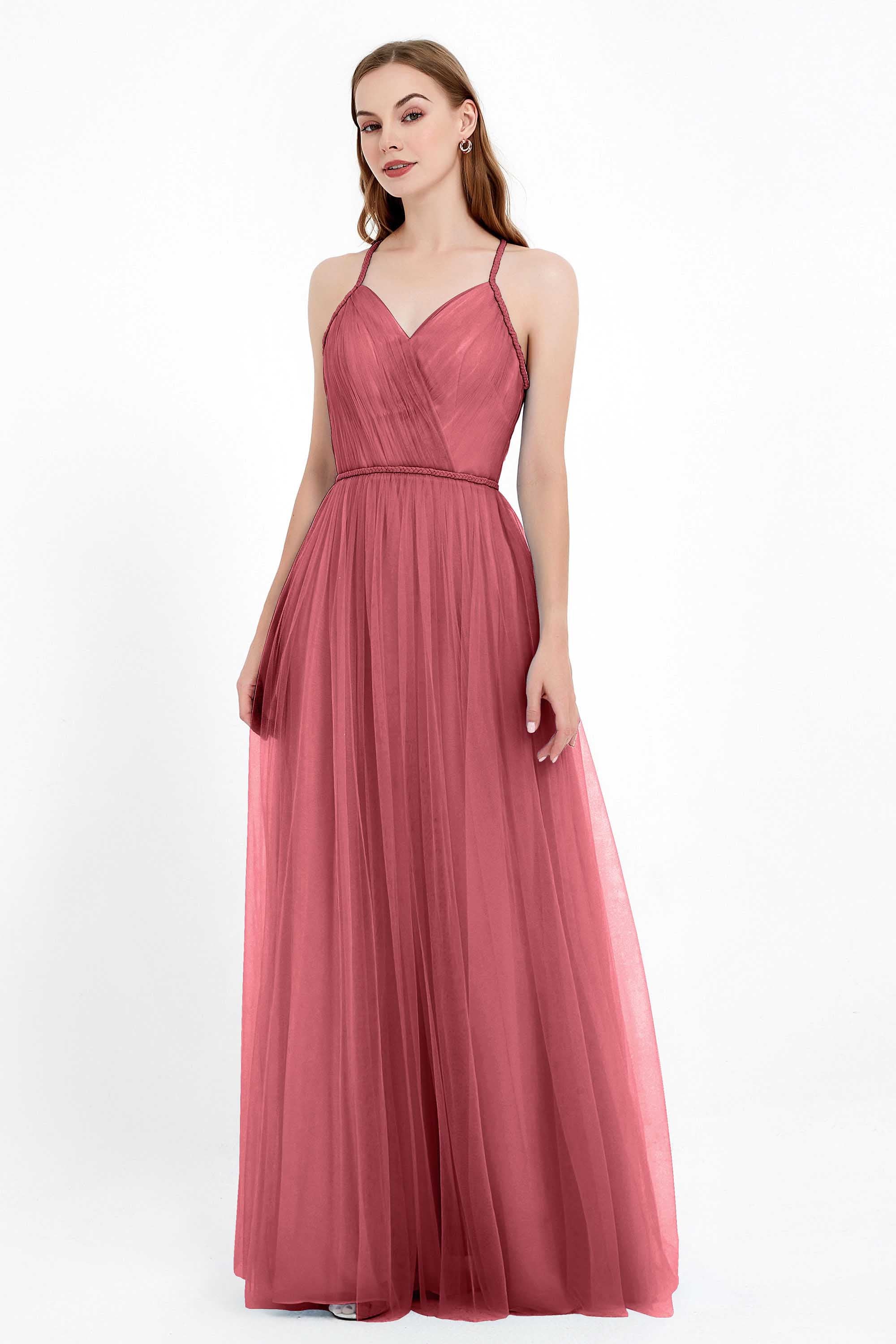 V Neck Tulle Spaghetti Straps Bridesmaid Dress Long Formal Evening Prom Dresses Gowns