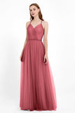 V Neck Tulle Spaghetti Straps Bridesmaid Dress Long Formal Evening Prom Dresses Gowns