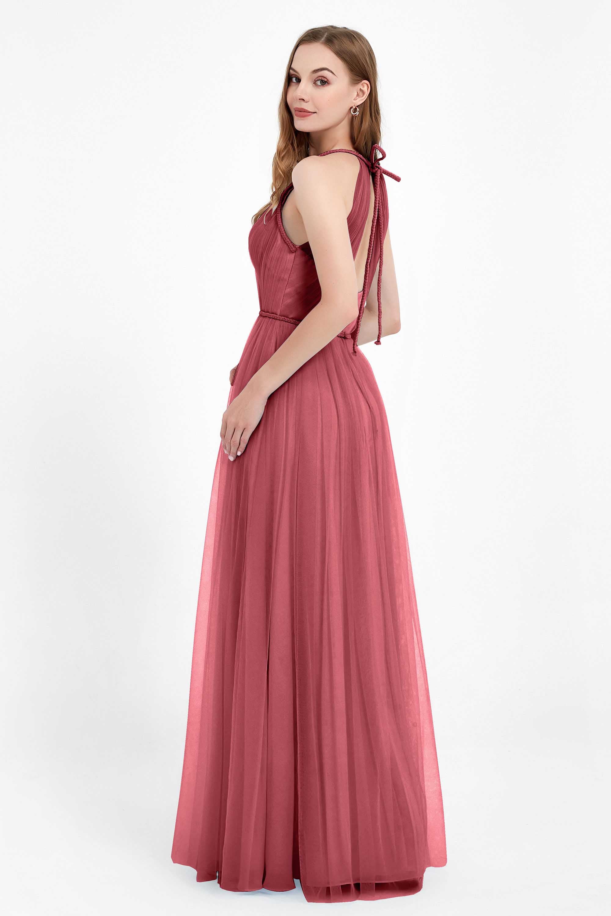 V Neck Tulle Spaghetti Straps Bridesmaid Dress Long Formal Evening Prom Dresses Gowns