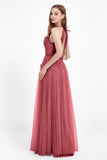 V Neck Tulle Spaghetti Straps Bridesmaid Dress Long Formal Evening Prom Dresses Gowns
