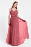 V Neck Tulle Spaghetti Straps Bridesmaid Dress Long Formal Evening Prom Dresses Gowns
