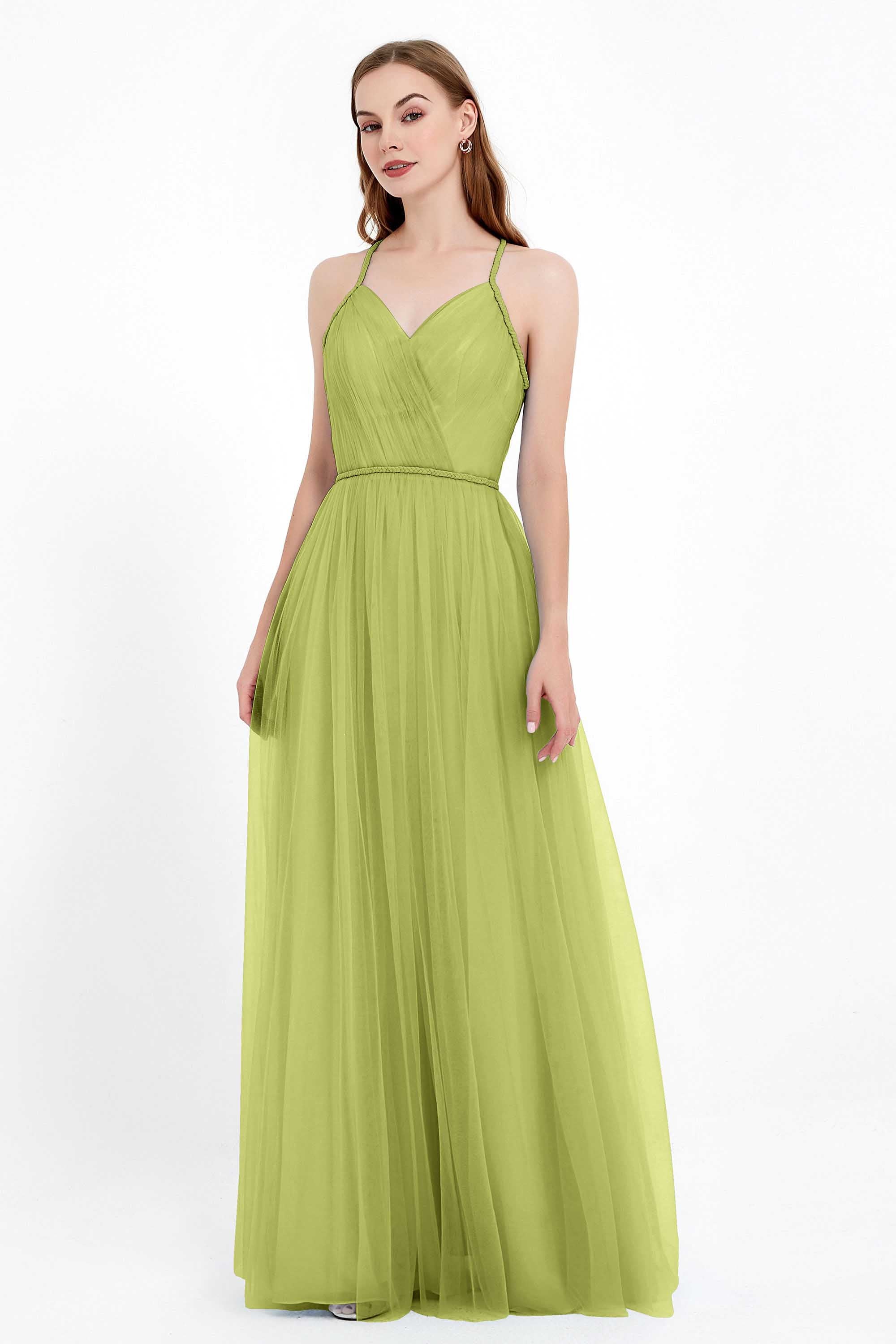 V Neck Tulle Spaghetti Straps Bridesmaid Dress Long Formal Evening Prom Dresses Gowns