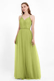 V Neck Tulle Spaghetti Straps Bridesmaid Dress Long Formal Evening Prom Dresses Gowns