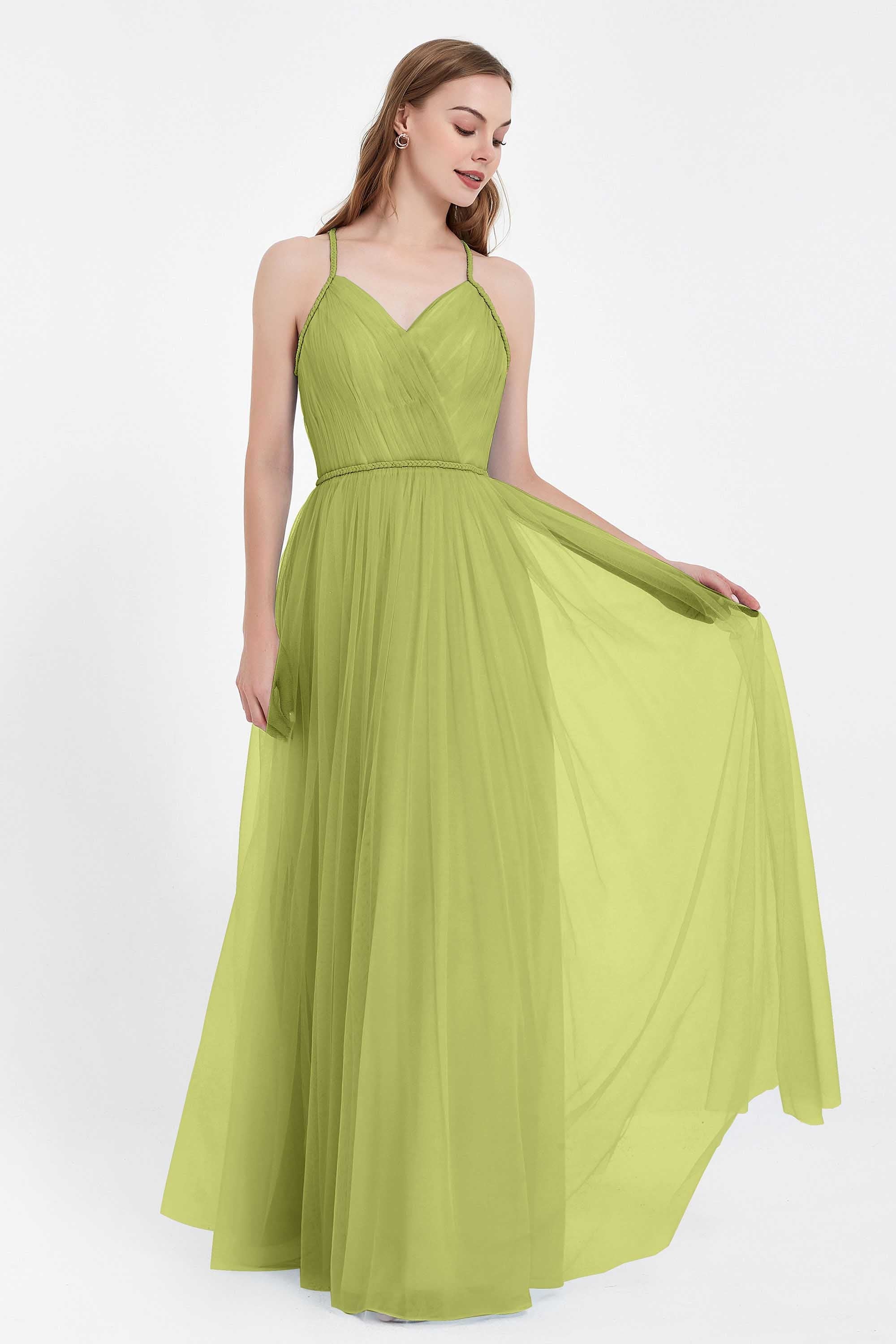 V Neck Tulle Spaghetti Straps Bridesmaid Dress Long Formal Evening Prom Dresses Gowns