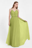 V Neck Tulle Spaghetti Straps Bridesmaid Dress Long Formal Evening Prom Dresses Gowns
