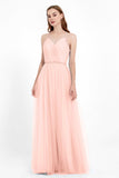 V Neck Tulle Spaghetti Straps Bridesmaid Dress Long Formal Evening Prom Dresses Gowns