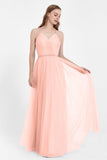 V Neck Tulle Spaghetti Straps Bridesmaid Dress Long Formal Evening Prom Dresses Gowns
