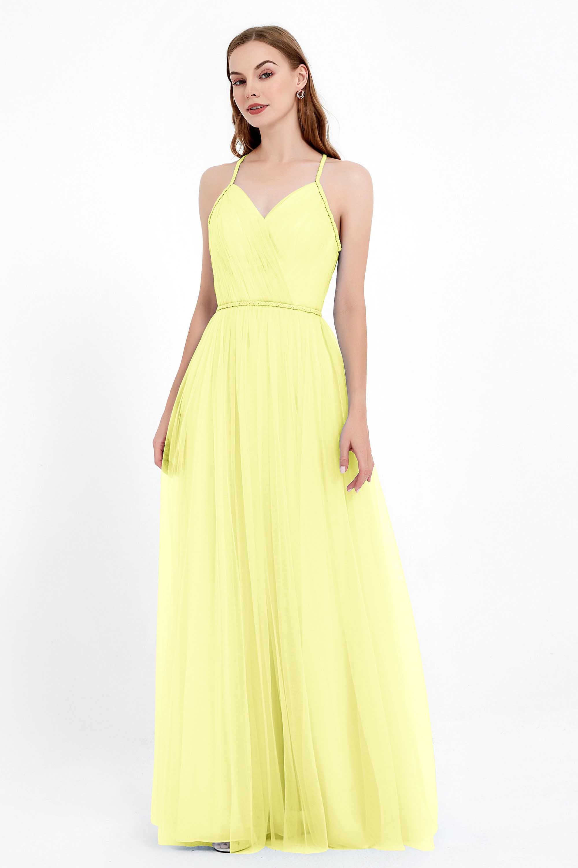 V Neck Tulle Spaghetti Straps Bridesmaid Dress Long Formal Evening Prom Dresses Gowns
