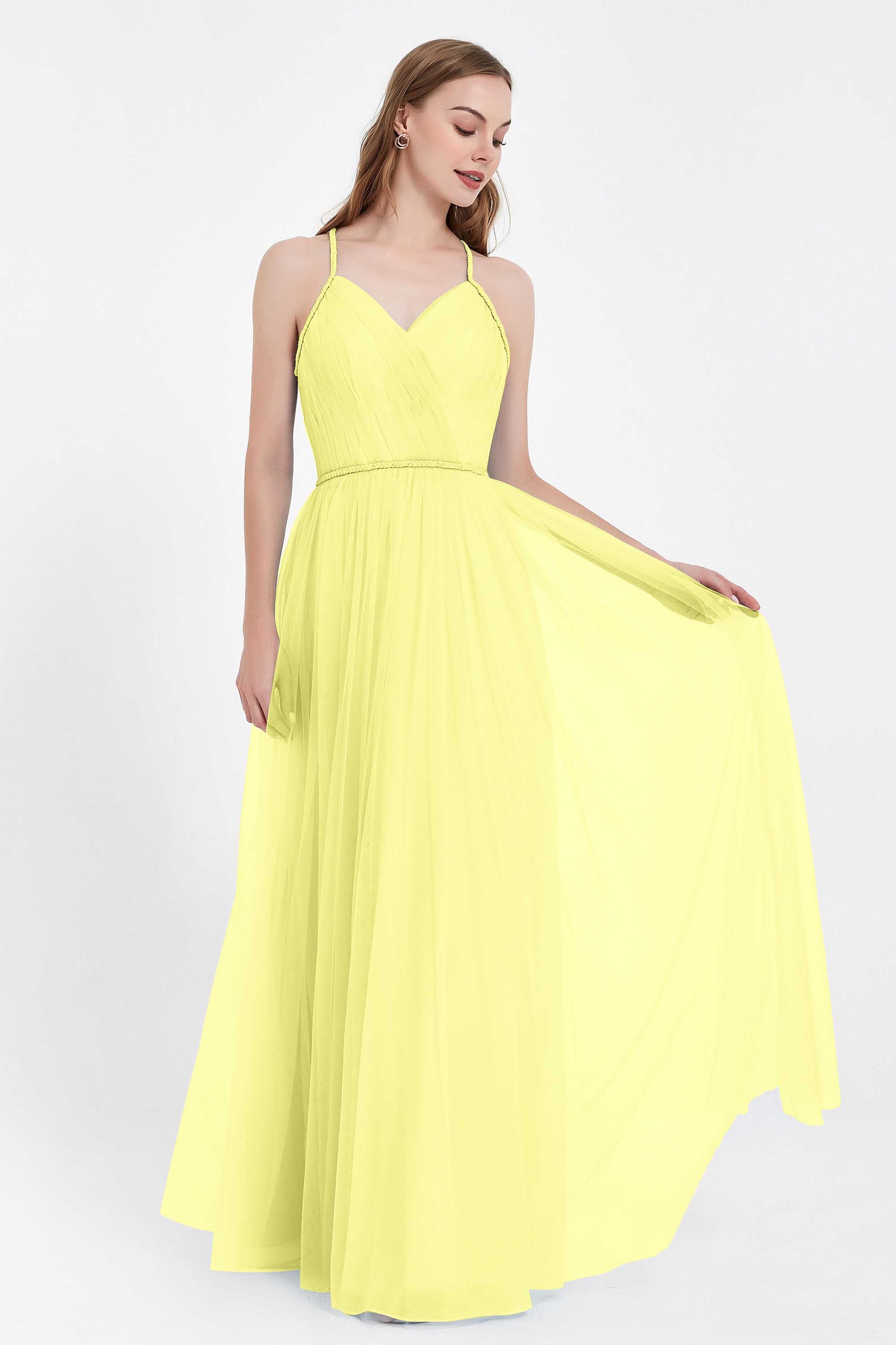 V Neck Tulle Spaghetti Straps Bridesmaid Dress Long Formal Evening Prom Dresses Gowns